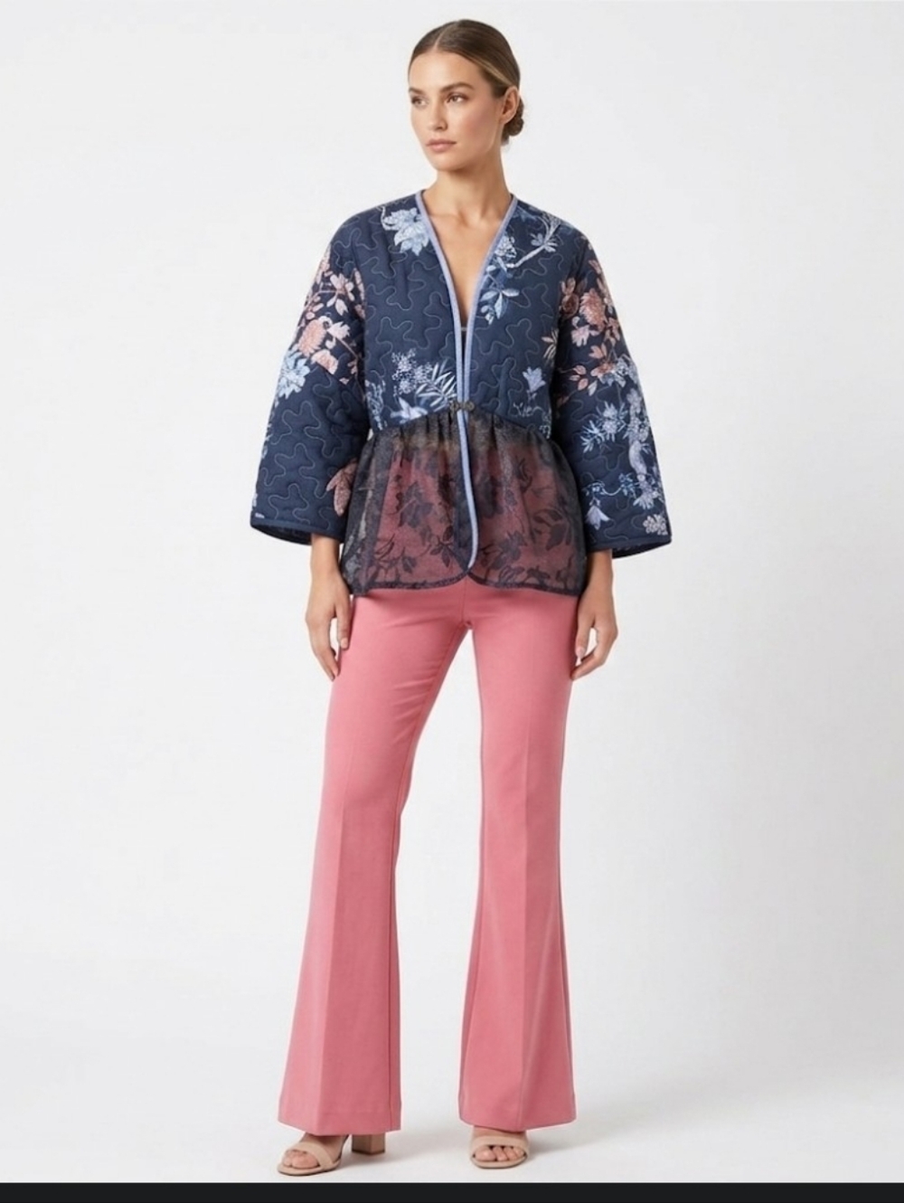 Upcycled Navy Blue Floral Quilted Jacket L-XL Vtg Lace Peplum Dont Throw It Out